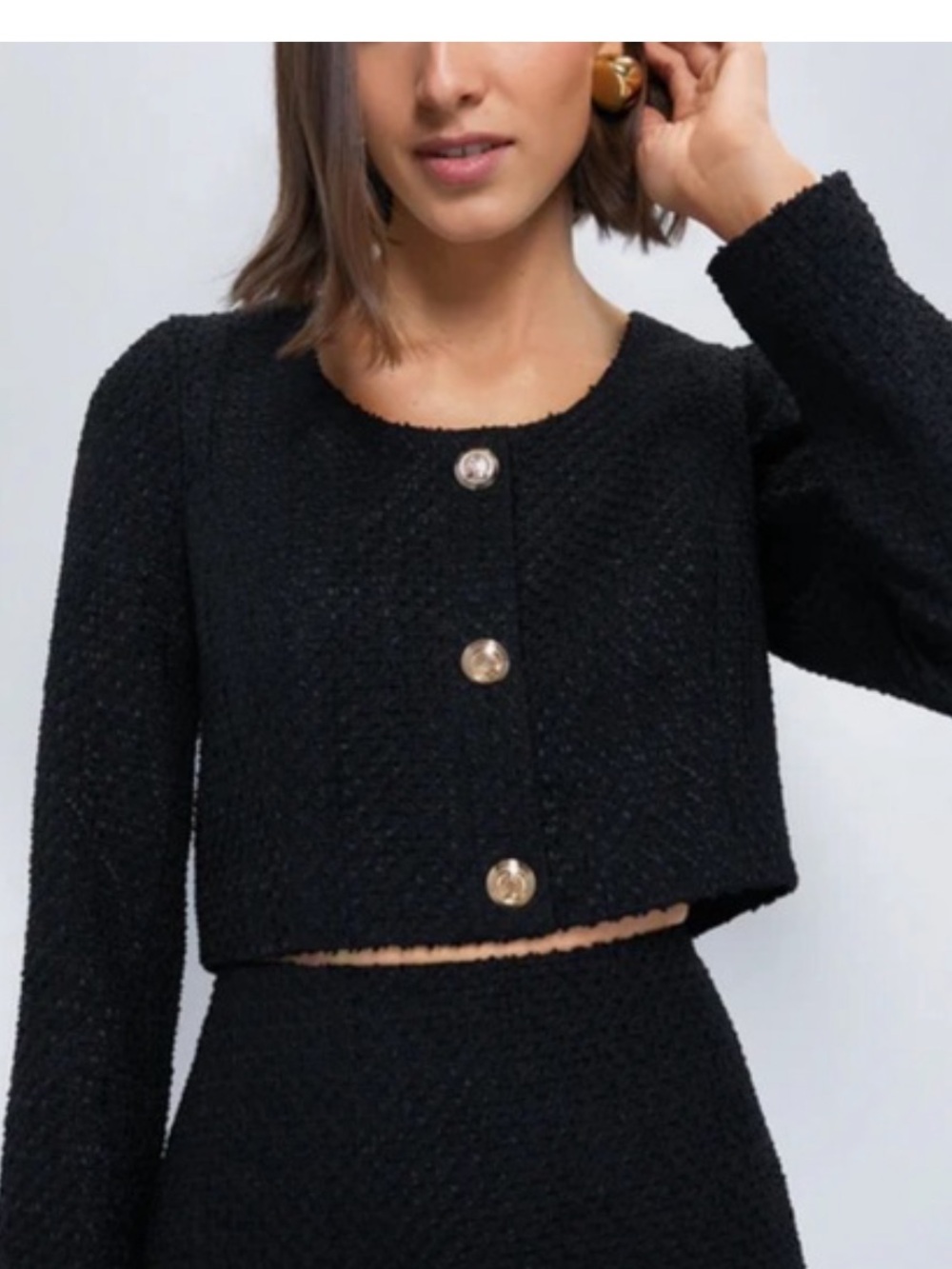 Hyacinth House Black Tweed Cropped Blazer Top Zip Back L